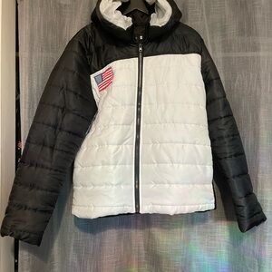 Black and White Puffer Jacket with Flag Patch